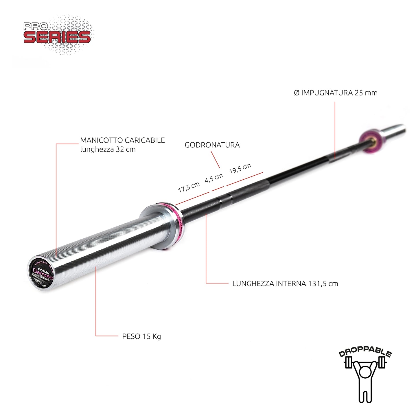 Bilanciere olimpico woman 201cm - Carico max 250 Kg - 50 mm Diamond Professional