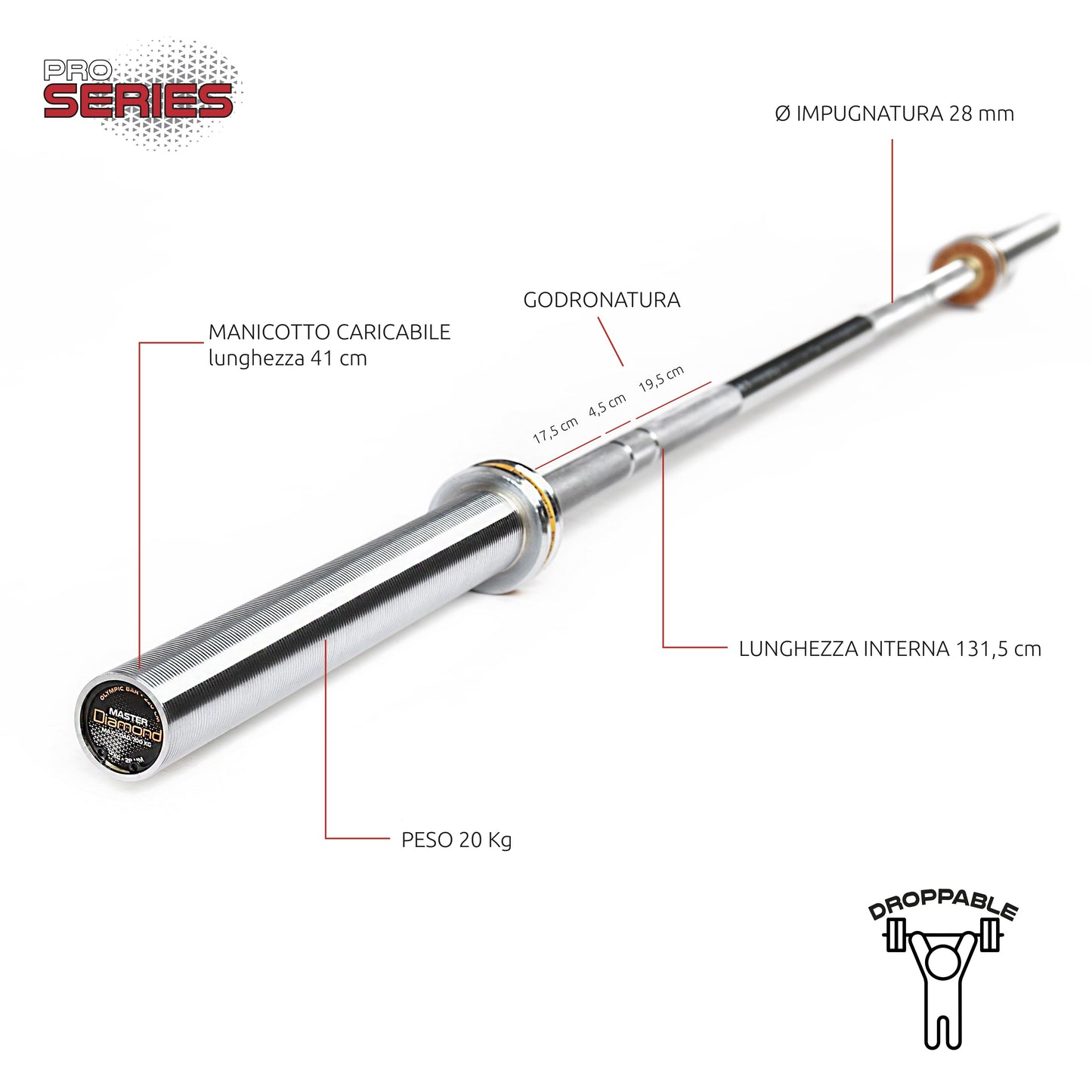 Bilanciere Olimpico Master 220 cm - Carico max 700 Kg - 50 mm Diamond