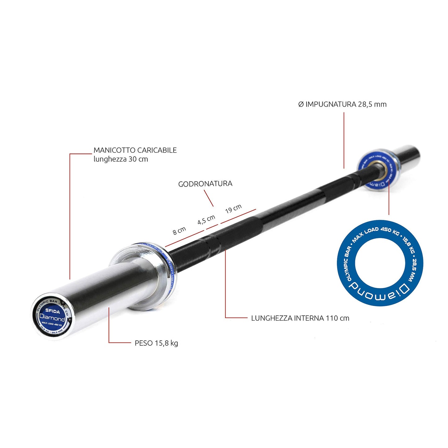 Bilanciere olimpico Sfida 176 cm - Carico max 450 Kg - 50 mm Diamond Professional