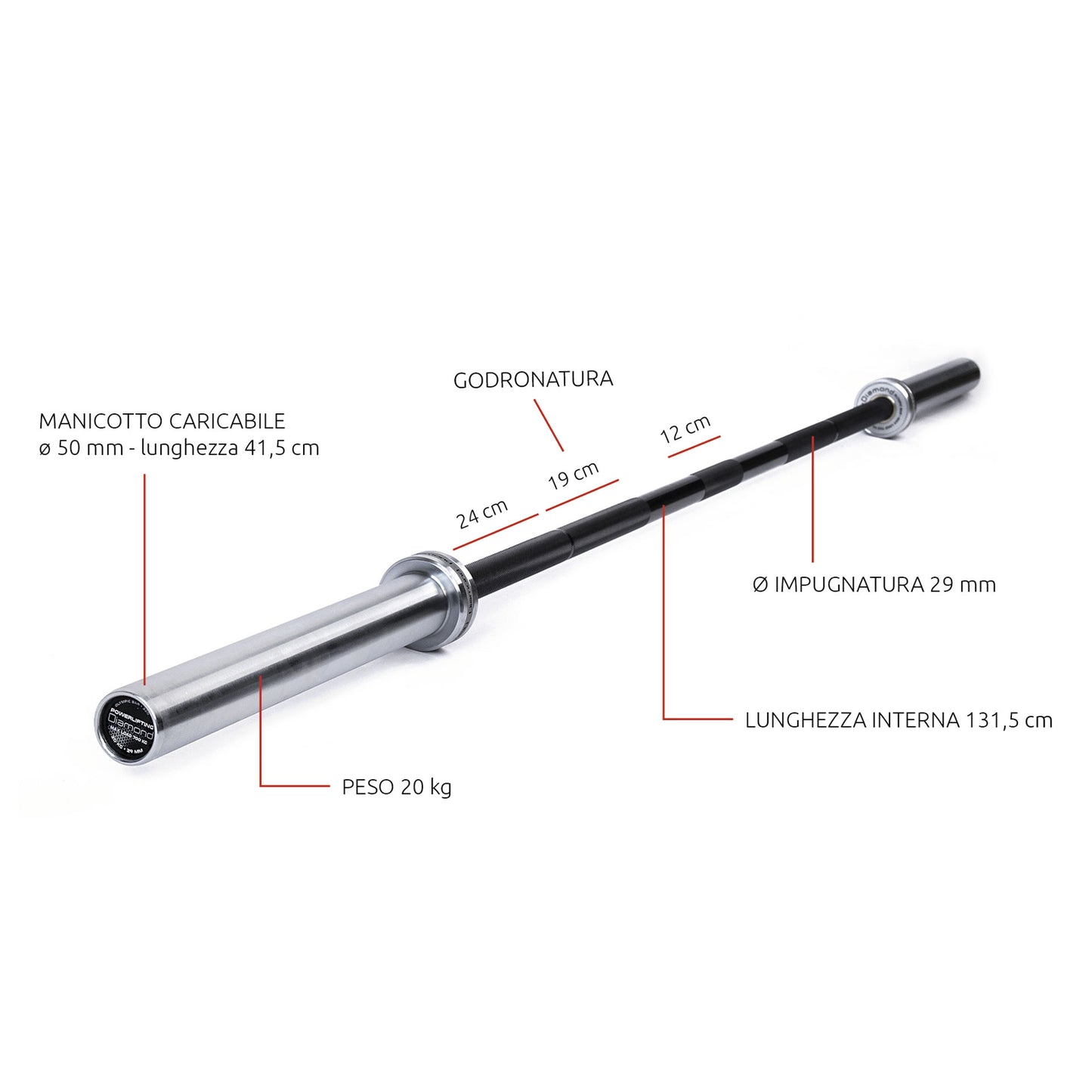 Bilanciere Powerlifting 220 cm - Carico max 700 Kg - 50 mm Diamond Professional
