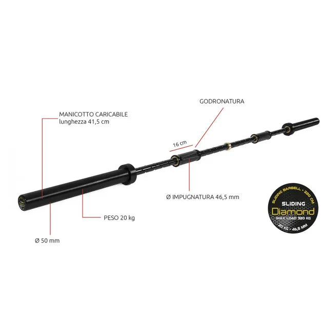 Bilanciere Sliding Grip 220 cm - Carico max 320 Kg - 50 mm Diamond Professional